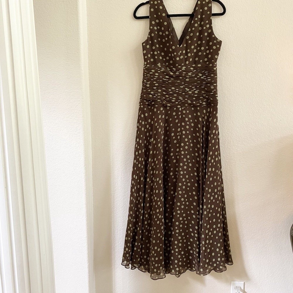 Suzi Chin Womens Size 10 Brown Green Polka Dot Empire Waist Silk Dress - Picture 11 of 16
